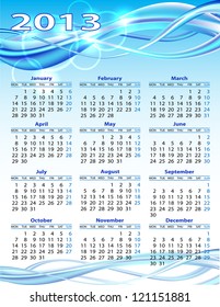 2013 year calendar. Vector illustration on blue background