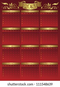 2013 Year vector calendar. The week starts on Sunday.