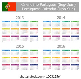 2013-2016 Type-1 Portuguese Calendar Mon-Sun on white background