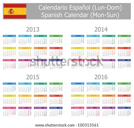 2013-2016 Type-1 Spanish Calendar Mon-Sun on white background