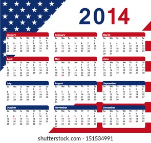 2014 american calendar with public holidays. Flag colors background. Vector illustration.