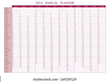 2014 Annual Planner in english. 2014 Wall Calendar