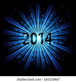 2014 in blue light of bursting star with sparks. New Year card.
