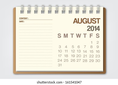 2014 Calendar August Notebook Design Vector