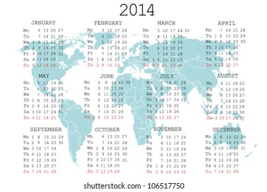 2014 calendar with blue map for your notebook or agenda