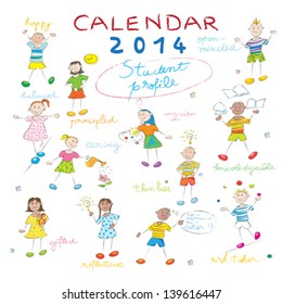 2014 calendar cover on a whiteboard with the student profile, cover design with kids illustration for schools