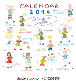 2014 calendar cover on a whiteboard with the student profile, design with kids illustrations for schools