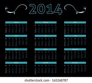 2014 calendar in dark style - black with neon black and white