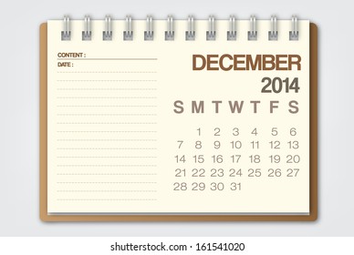 2014 Calendar December Notebook Design Vector