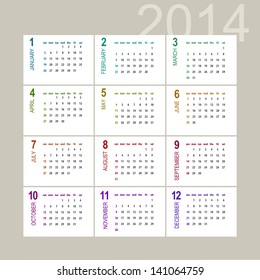 2014 calendar design on light background - week starts with sunday