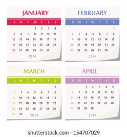 2014 calendar design - set of four months (january, february, march, april,)