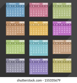 2014 Calendar, flat design with shadows, vector eps10 illustration