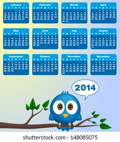 2014 calendar with funny blue bird