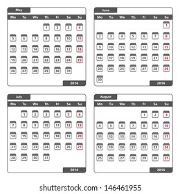 2014 Calendar icons, may, june, july and august, vector eps10 illustration