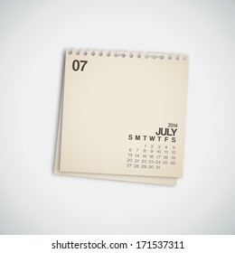 2014 Calendar July Note Paper Vector