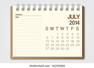 2014 Calendar July Notebook Design Vector