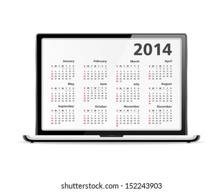 2014 calendar in laptop, vector eps10 illustration