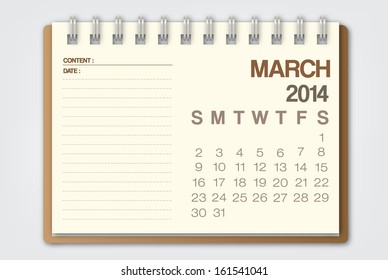 2014 Calendar March Notebook Design Vector