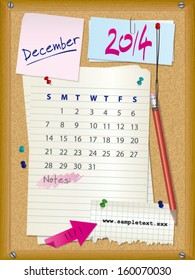2014 calendar - month December - cork board with notes - vector illustration