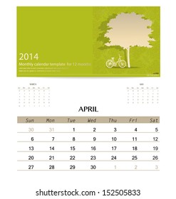 2014 calendar, monthly calendar template for April. Vector illustration.