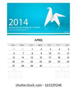 2014 calendar, monthly calendar template for April (Origami paper horse design). Vector illustration.