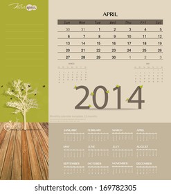 2014 calendar, monthly calendar template for April. Vector illustration.