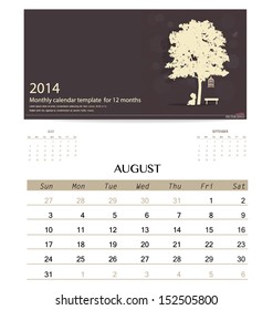 2014 calendar, monthly calendar template for August. Vector illustration.