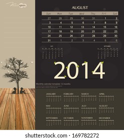 2014 calendar, monthly calendar template for August. Vector illustration.