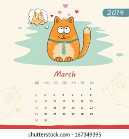 2014 calendar, monthly calendar template with cats for March. Vector 