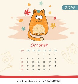 2014 calendar, monthly calendar template with cats for October. Vector 