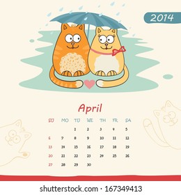 2014 calendar, monthly calendar template with cats for April. Vector 