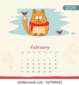 2014 calendar, monthly calendar template with cats for February. Vector 