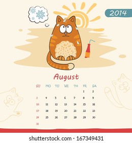 2014 calendar, monthly calendar template with cats for August. Vector 