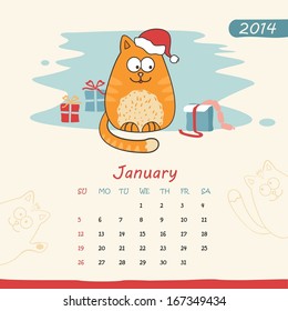 2014 calendar, monthly calendar template with cats for January. Vector 