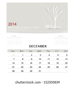 2014 calendar, monthly calendar template for December. Vector illustration.