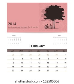 2014 calendar, monthly calendar template for February. Vector illustration.