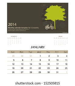 Kalender 2014, monatliche Kalendervorlage für Januar. Vektorgrafik.