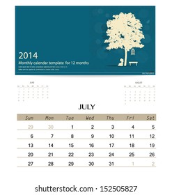 2014 calendar, monthly calendar template for July. Vector illustration.