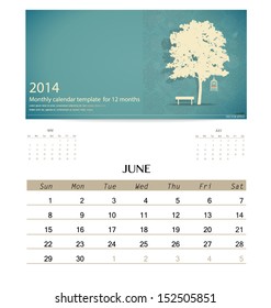 Kalender 2014, monatliche Kalendervorlage für Juni. Vektorgrafik.