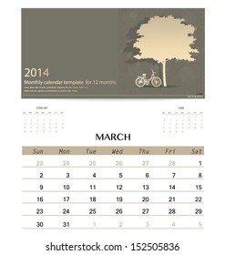 Kalender 2014, monatliche Kalendervorlage für März. Vektorgrafik.