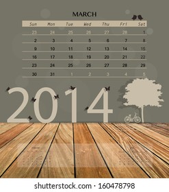 2014 calendar, monthly calendar template for March. Vector illustration.