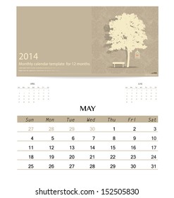 2014 calendar, monthly calendar template for May. Vector illustration.