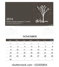 2014 calendar, monthly calendar template for November. Vector illustration.