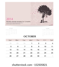 2014 calendar, monthly calendar template for October. Vector illustration.