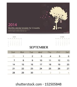 2014 calendar, monthly calendar template for September. Vector illustration.