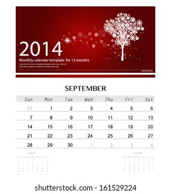 2014 calendar, monthly calendar template for September (Christmas tree design). Vector illustration.