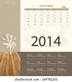 Calendário de 2014, modelo de calendário mensal para setembro. Ilustração vetorial.