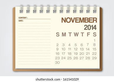 2014 Calendar November Notebook Design Vector