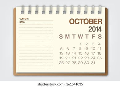 2014 Calendar October Notebook Design Vector