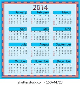 2014 calendar on blue background with USA flag. Editable isolated vector design.